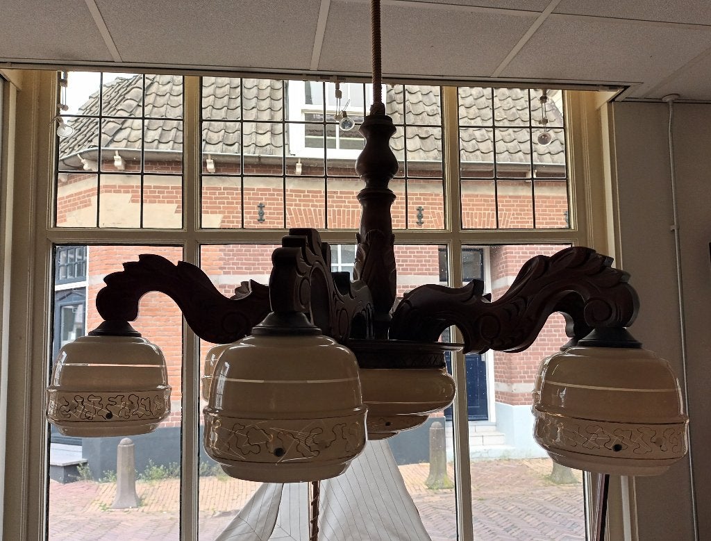 Vintage Hanglampen met Glazen Kelken - Houten Kroonluchter, Ophalen, Gebruikt, Onbekend, E27 (groot)