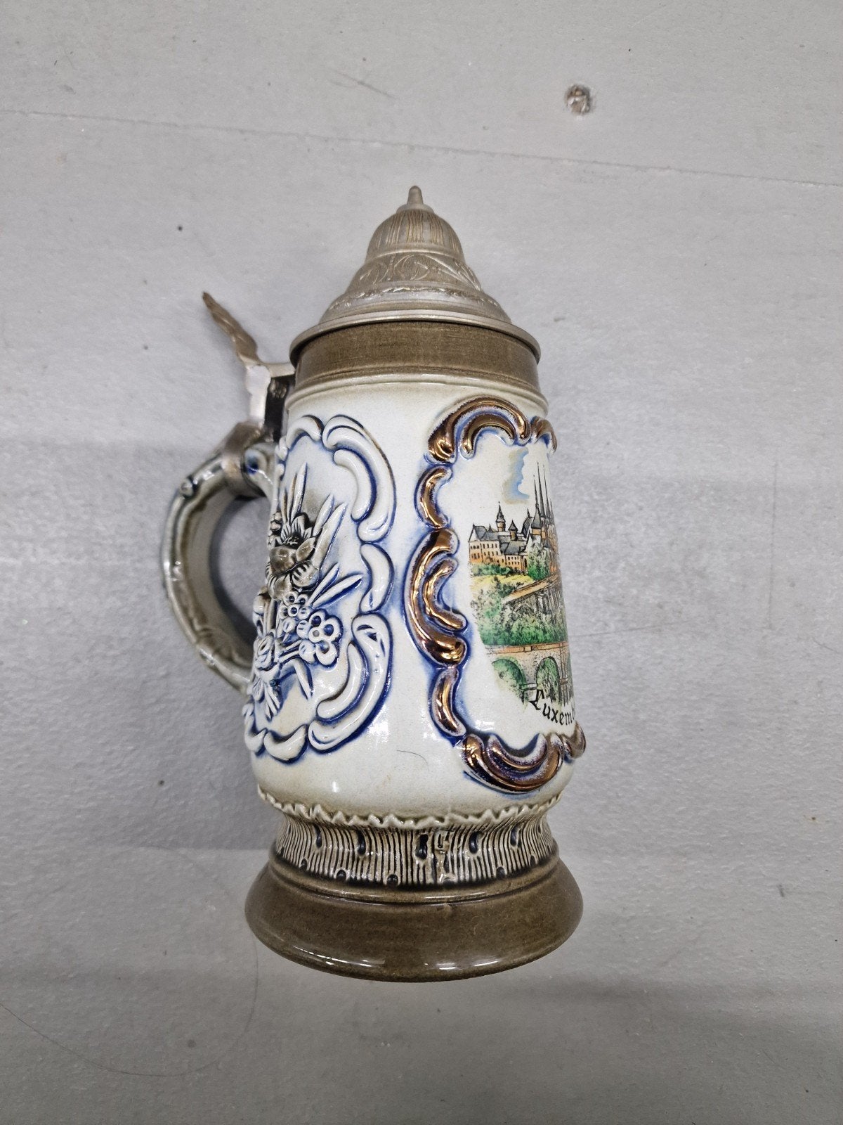 Original King Beer Stein stone steen krug bier Luxembourg be, Ophalen of Verzenden