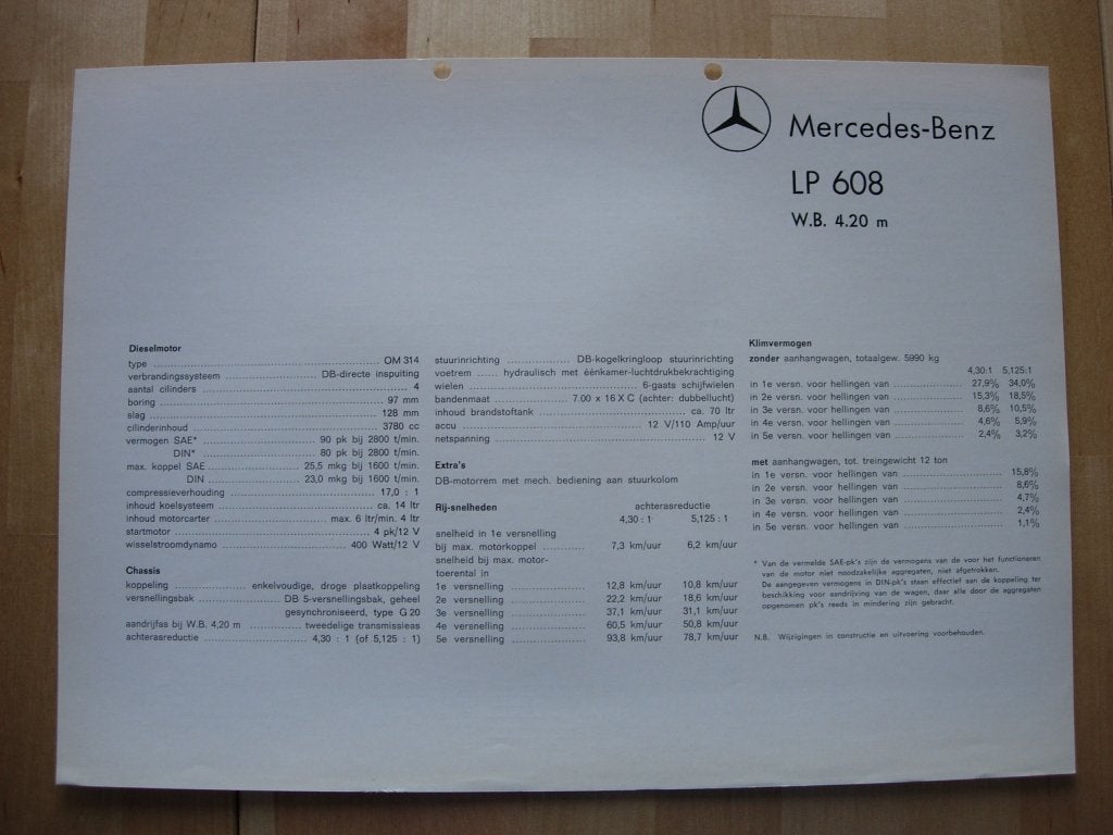 Mercedes LP LPK 608 Technische Specificatie Brochure ca 1968, Zo goed als nieuw, Mercedes-Benz, Mercedes, Ophalen of Verzenden