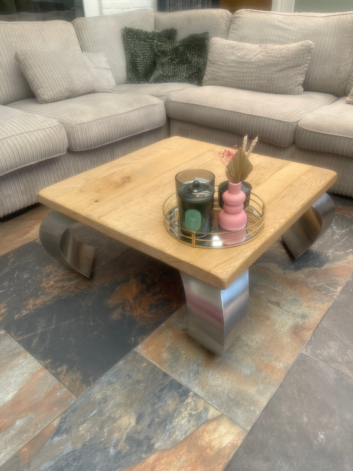 Rofra Home salontafel massief hout met RVS onderstel, Ophalen, 100 tot 150 cm, 50 tot 100 cm, Zo goed als nieuw