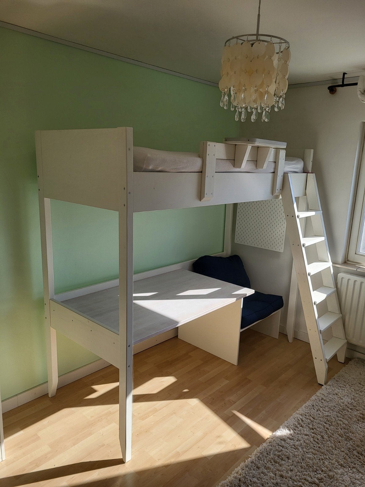 Degelijke grenen hoogslaper 200x80 met beuken bureau + zitje, Ophalen, Gebruikt, Hoogslaper, Eenpersoons