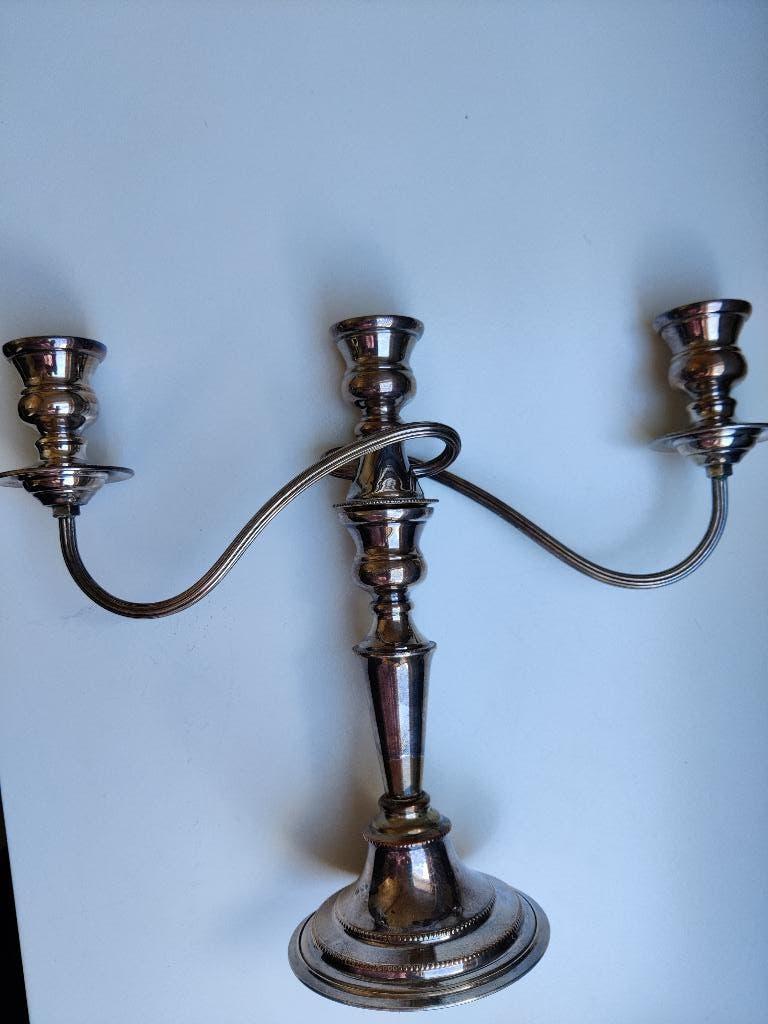 Verzilverde kandelaar, 3 arms, vintage, Ophalen of Verzenden, Zilver