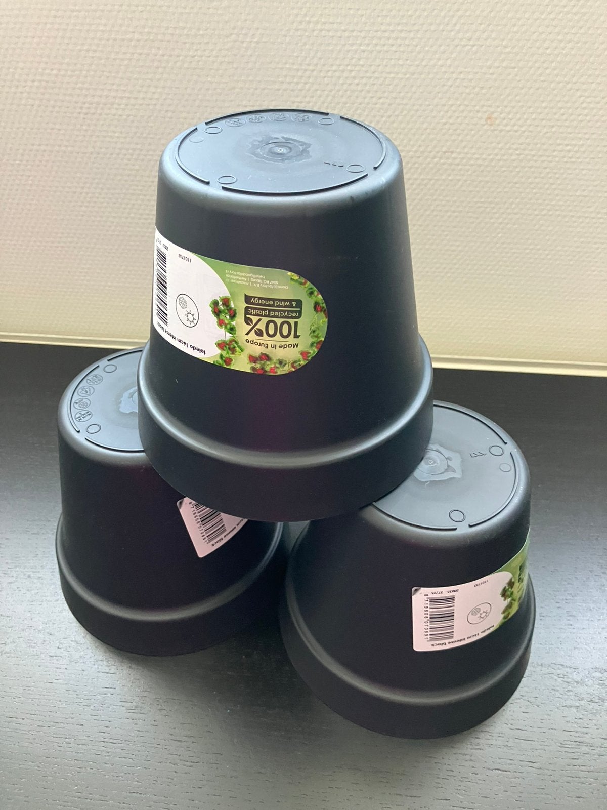 Nieuw/3x kleune zwarte plastic bloempotten/tuin, Kunststof, Rond, Nieuw, Ophalen of Verzenden