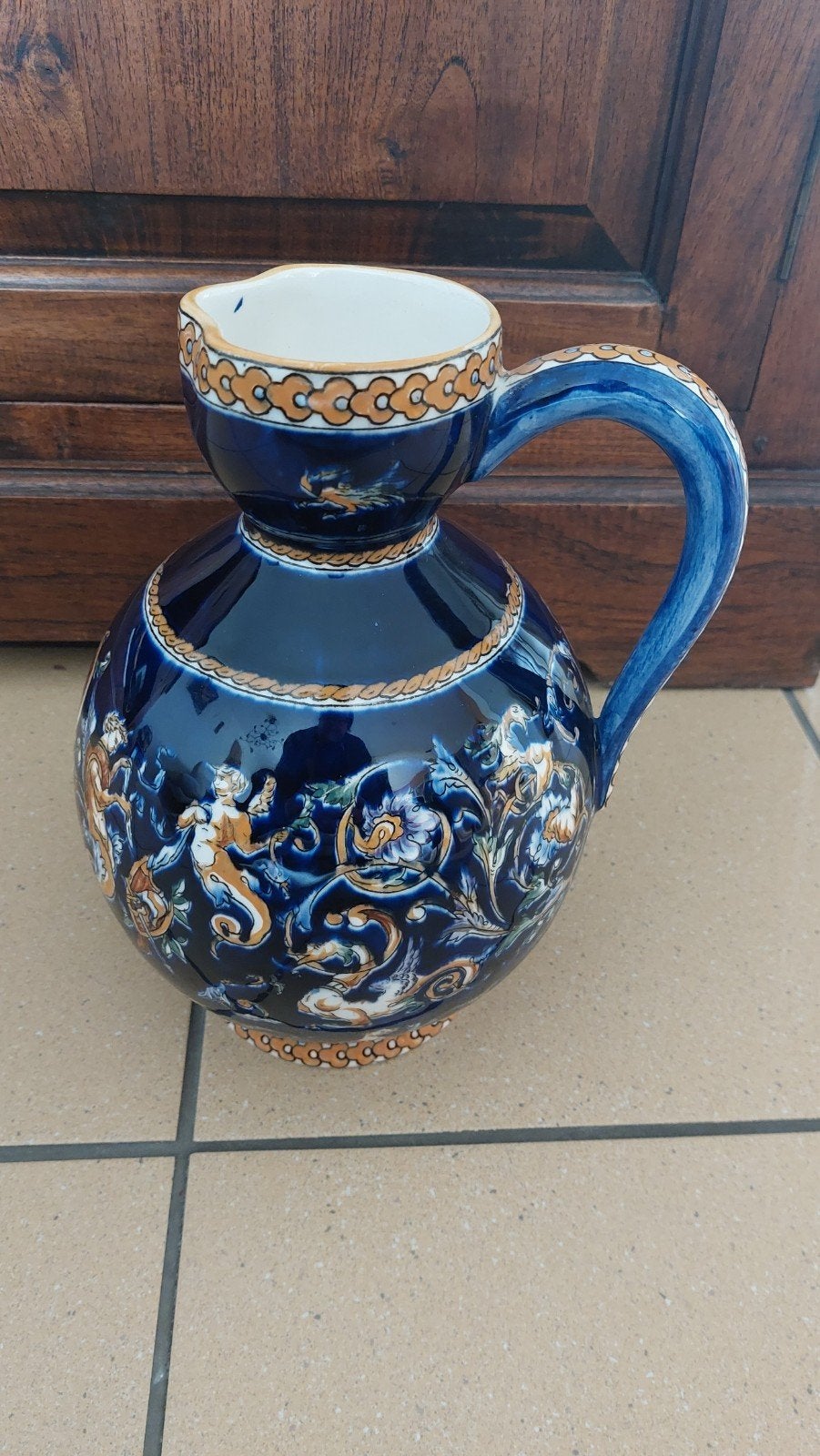 Antieke Gien France kan, handgeschilderd, blauw decor, Antiek en Kunst, Antiek | Vazen, Ophalen of Verzenden