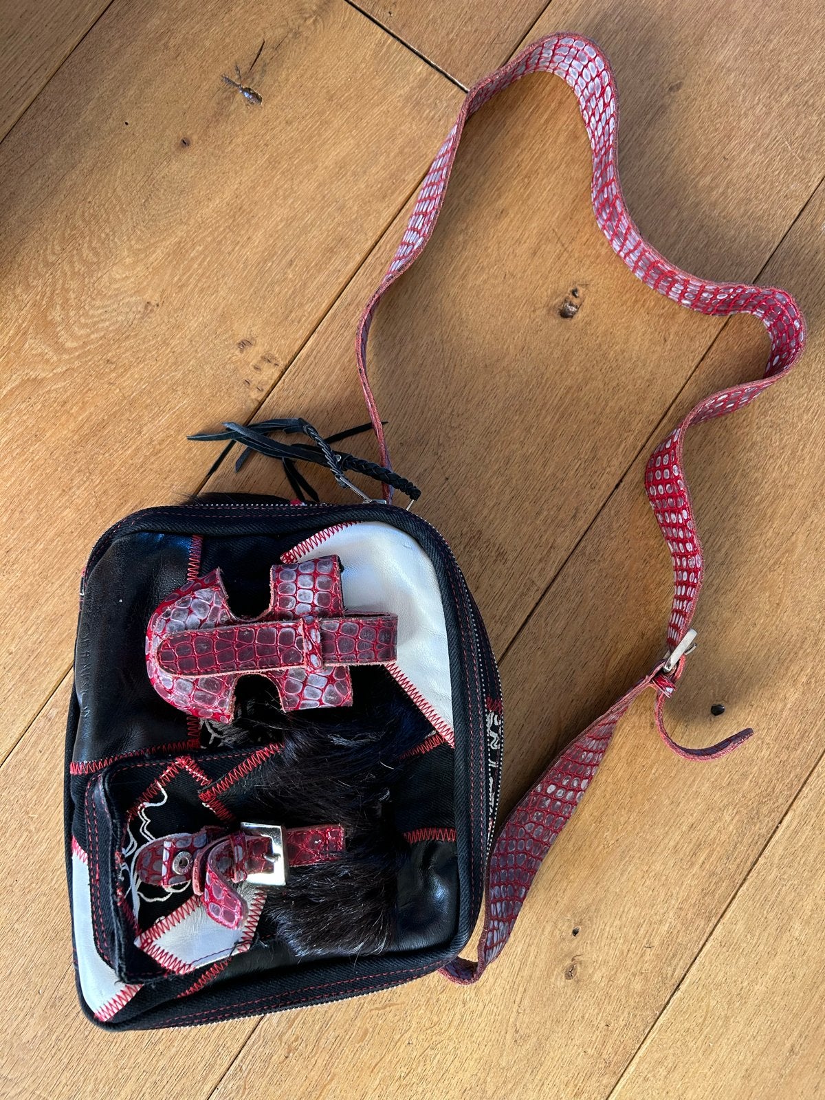 Unieke handtas met patchwork en slangenprint details, Ophalen, Gebruikt, Zwart, Handtas