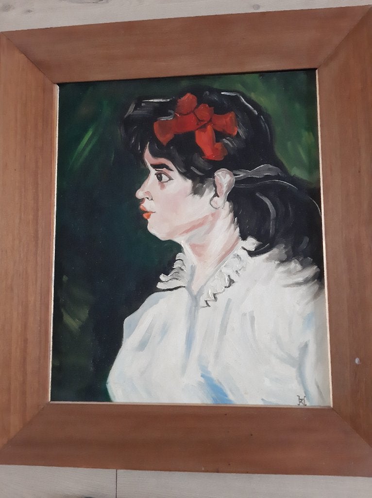 Schilderij - nageschilderd Vrouw met rode strik, Hobby en Vrije tijd, Overige Hobby en Vrije tijd, Ophalen, Gebruikt