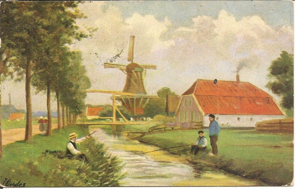 Oude Ansichtkaart: Molen en Vissers aan het Water, Verzamelen, Ophalen of Verzenden, Voor 1920, Gelopen, Noord-Holland