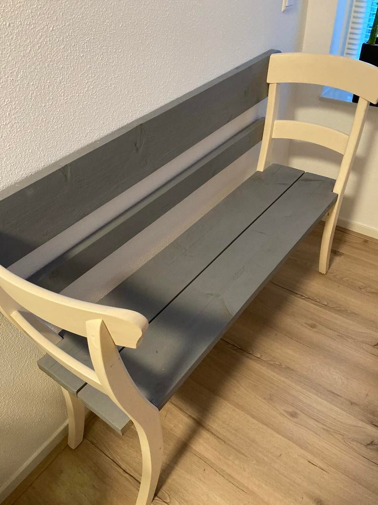 Stijlvol houten bankje - Grijs met crème accenten, Ophalen, Gebruikt, Minder dan 75 cm, Tweepersoons