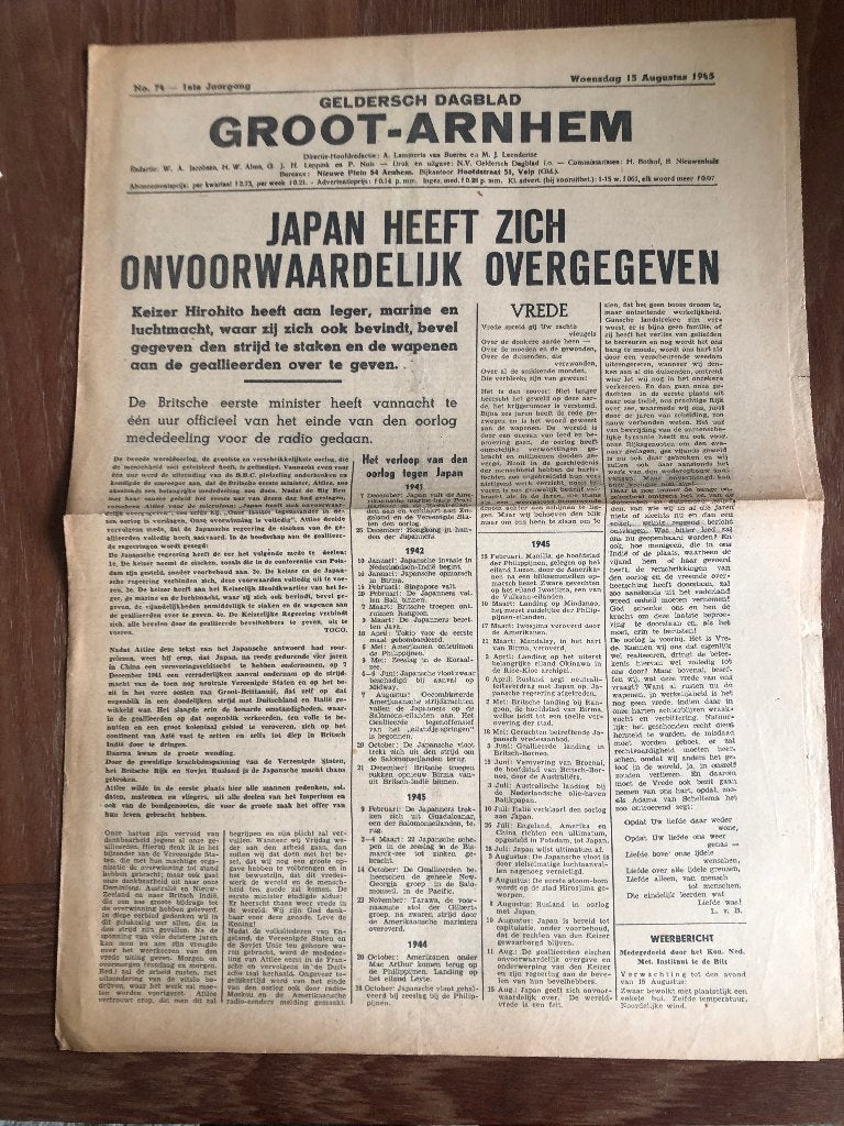1945 Twee kranten. Geldersch Dagblad, Groot Arnhem 15-8, Verzenden, Overige onderwerpen, Tweede Wereldoorlog, Gelezen