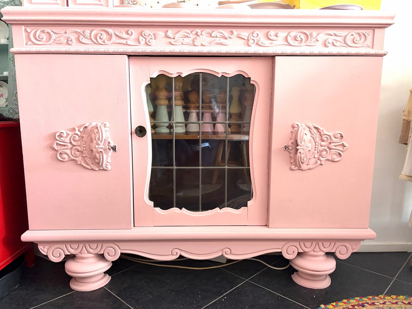 Vintage Art Deco Buffetkast met Glas-in-lood Raampjes, Ophalen