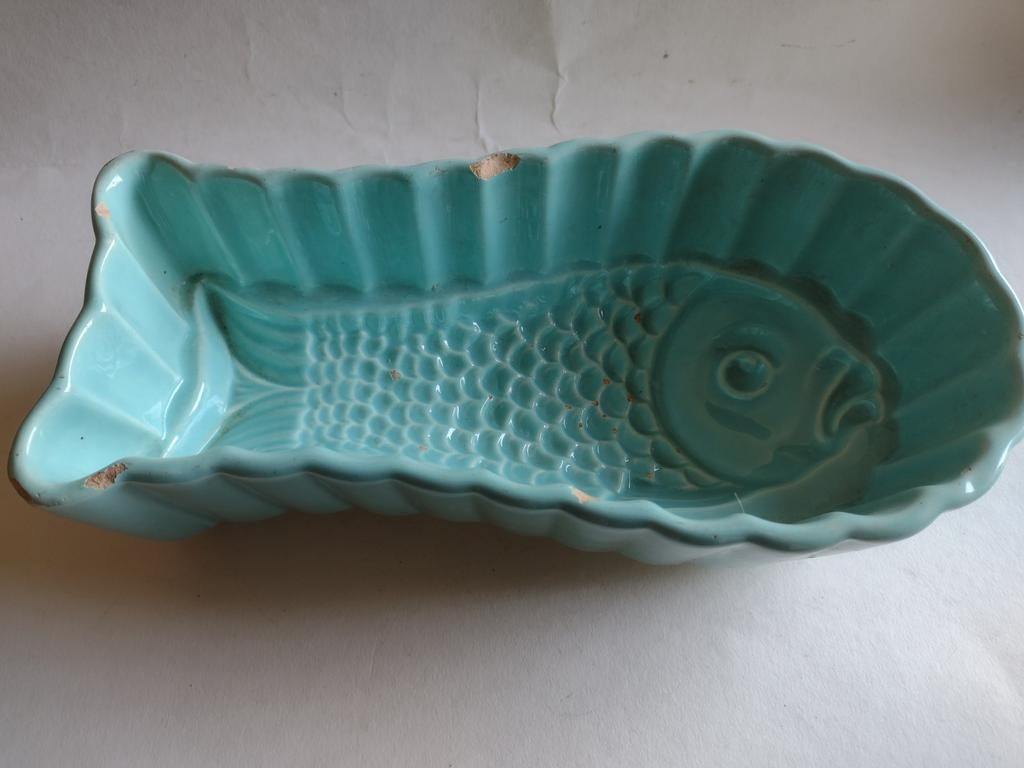 oude keramische puddingvorm vis type 1898 mint groen, Ophalen