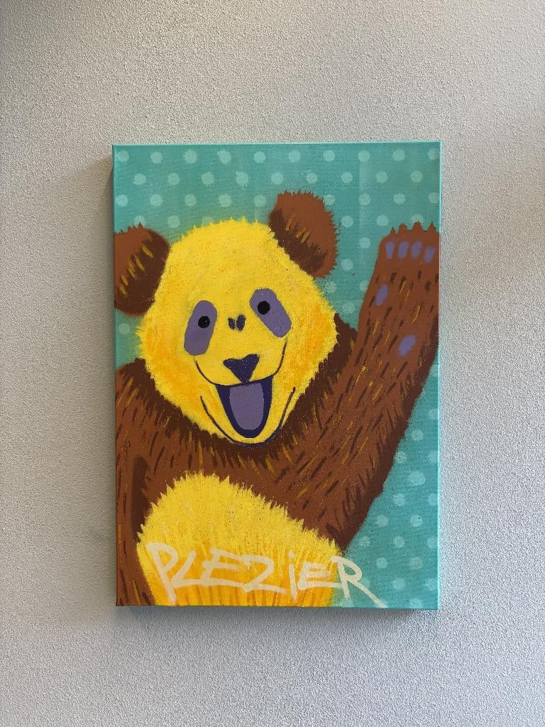 Schilderij beer “PLEZIER” – kleurrijk canvas, Antiek en Kunst, Kunst | Schilderijen | Klassiek, Ophalen of Verzenden