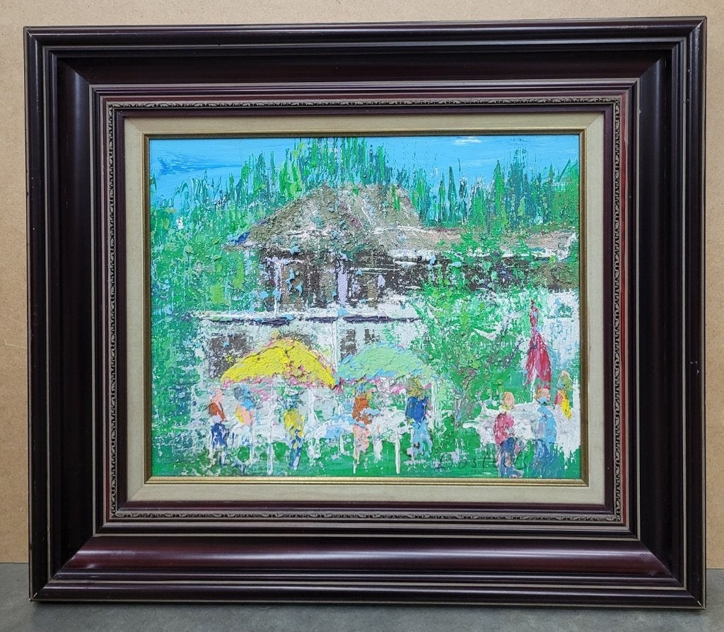 Willy BOSTEELS, een zomers terras, Ophalen of Verzenden, Origineel werk, Olieverf, Doek