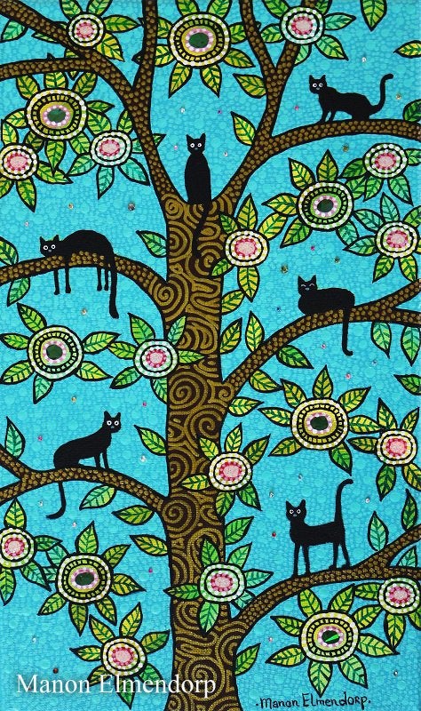 Uniek Handgeschilderd Schilderijtje Katten in Boom 30x18 cm, Acrylverf, Gelakt/vernis, Ophalen of Verzenden, Dieren