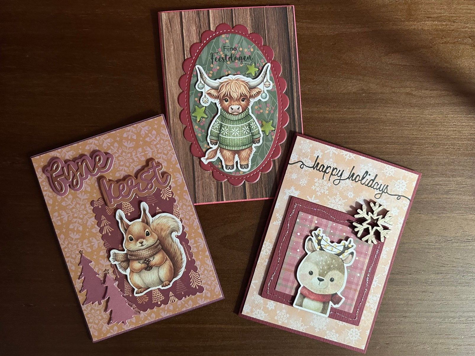 Zelfgemaakte kerstkaarten 3 stuks, Hobby en Vrije tijd, Ophalen of Verzenden, Nieuw, Kerst