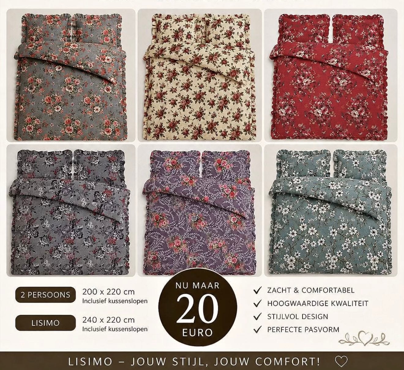 Lisimo Dekbedovertrek - Diverse Bloemenprints, Overige merken, Nieuw, Ophalen of Verzenden, Wasbaar