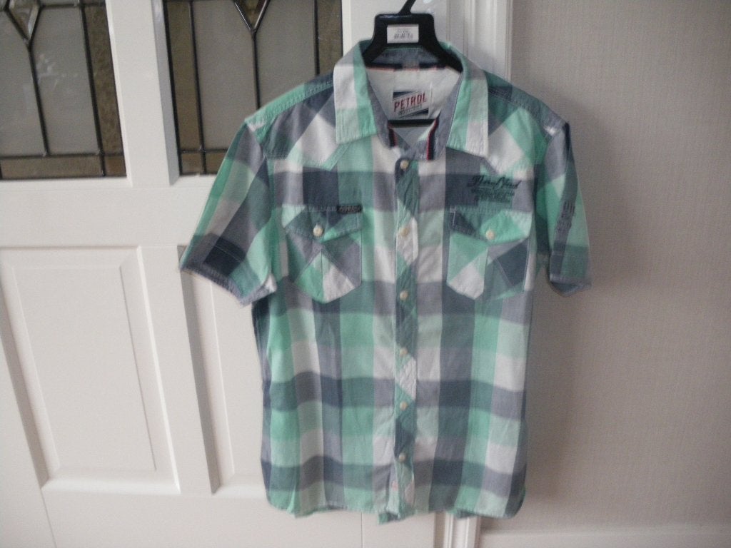 heel mooi groen geruit overhemd korte mouw petrol medium, Kleding | Heren, Ophalen of Verzenden, Zo goed als nieuw, Groen, Halswijdte 39/40 (M)