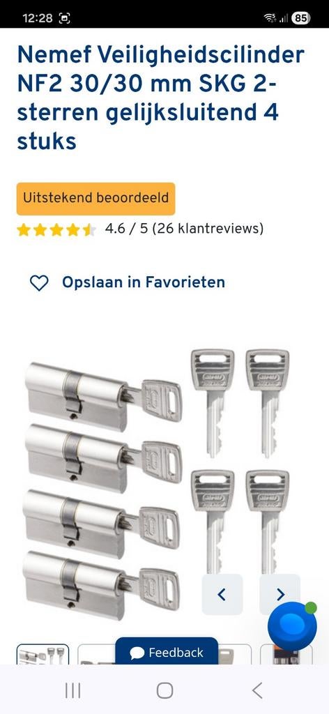 4 Nemef Veiligheidscilinder NF2 30/30 mm SKG 2-sterren, Ophalen, Rvs, Slot