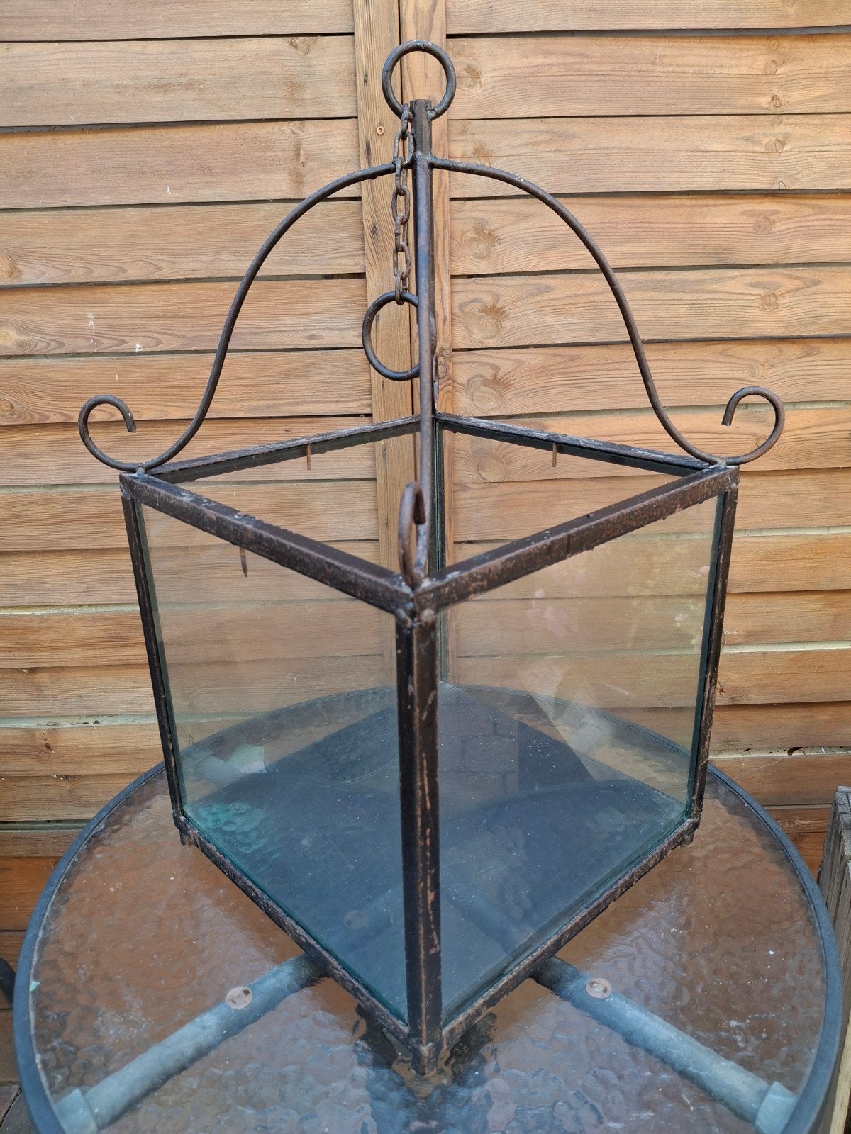 VINTAGE metalen 'hanglamp' met glas / decoratie grote kaars, Ophalen