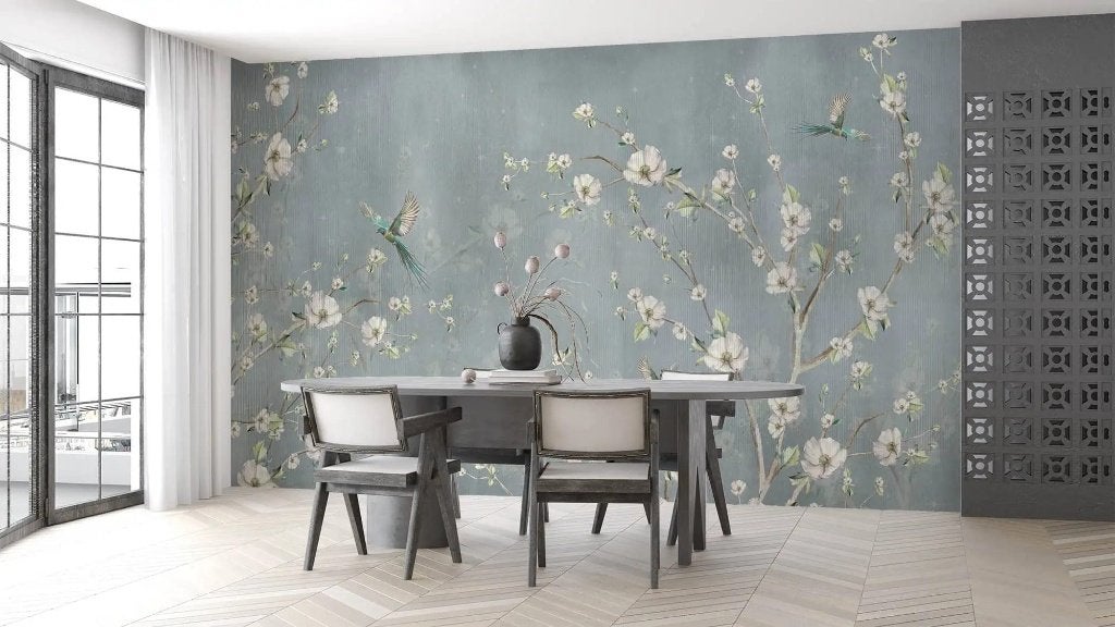 Vogel behang – groene vogels tussen witte bloesem, Overige merken, Blauw, Ophalen of Verzenden, Fotobehang