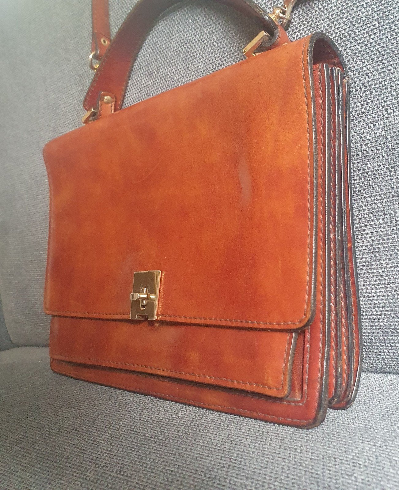 Vintage Italiaanse Leren Handtas – F.lli Mugnai Firenze, Ophalen of Verzenden, Gebruikt, Bruin, Handtas