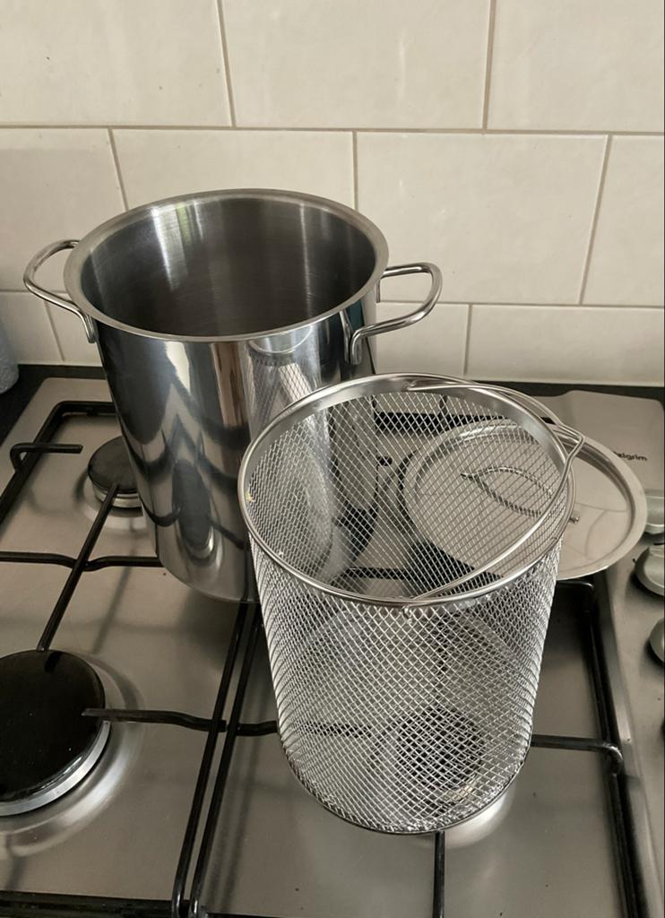 Aspergepan met mandje - RVS, Ophalen, Zo goed als nieuw, Rvs, Kookpan of Snelkookpan
