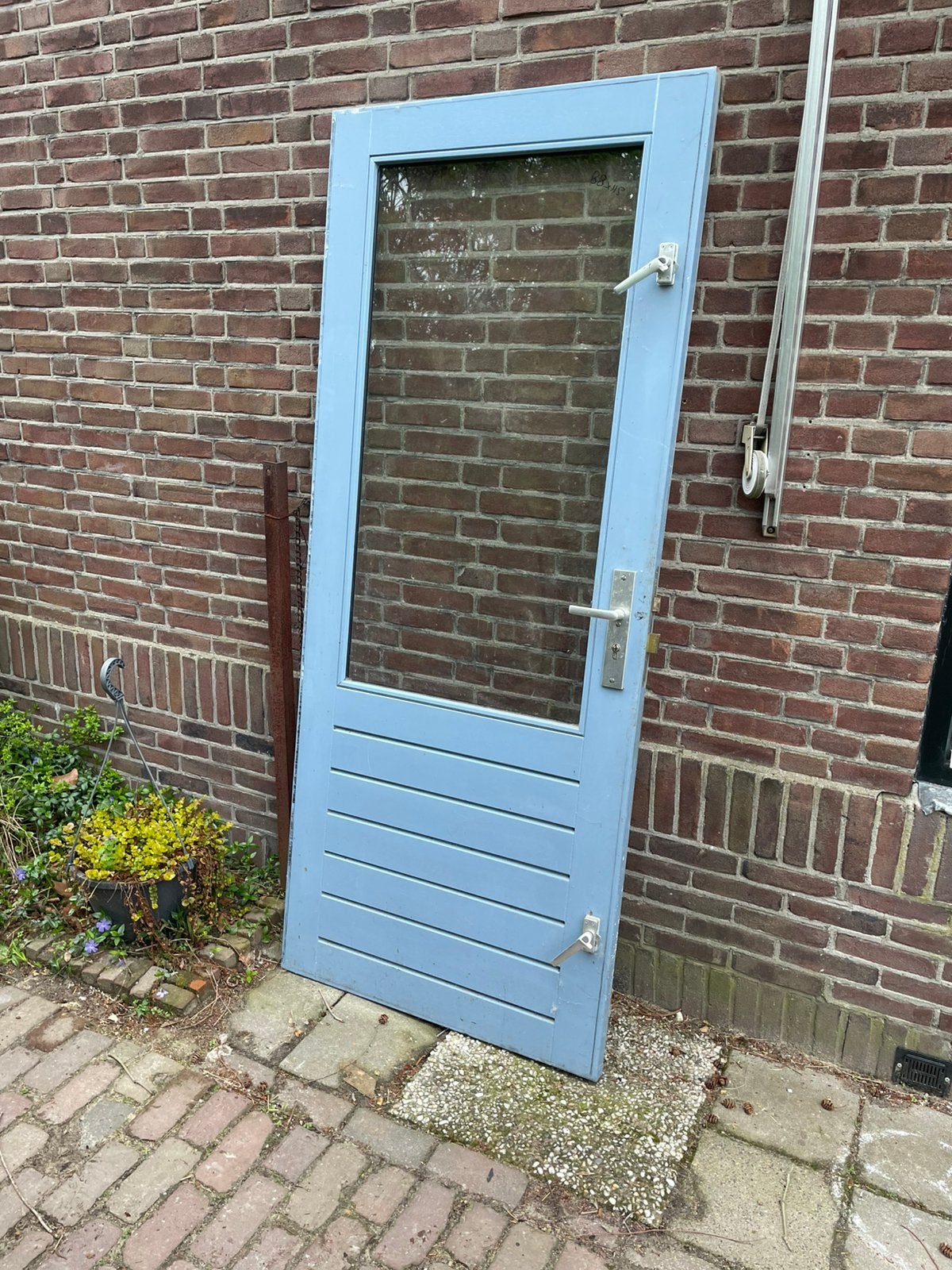 Hard houten buitendeur rechtsdraaiende 211x88 cm enkel glas, Ophalen, 200 tot 215 cm, Glas, Buitendeur
