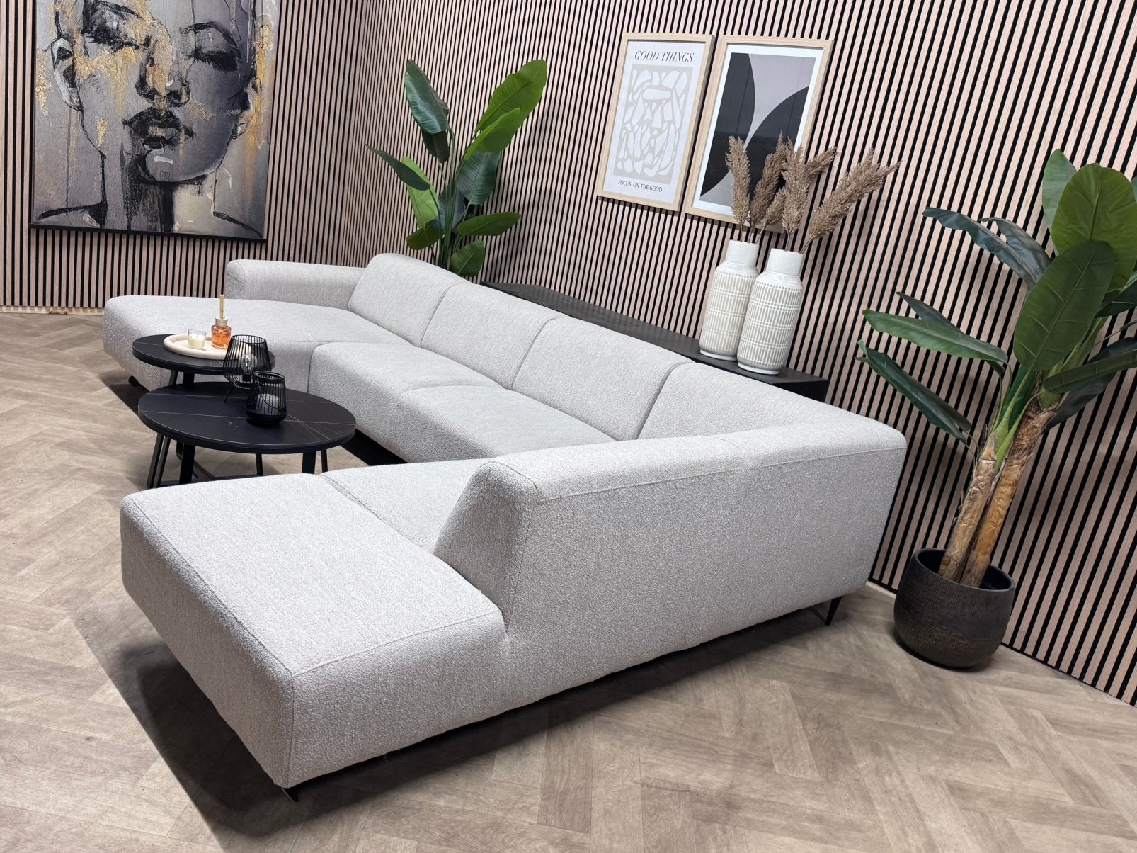 ZGAN Trendy Bouclé U-Bank / Hoekbank - Lichtgrijs - 340cm, -, -, Hoekbank, 300 cm of meer