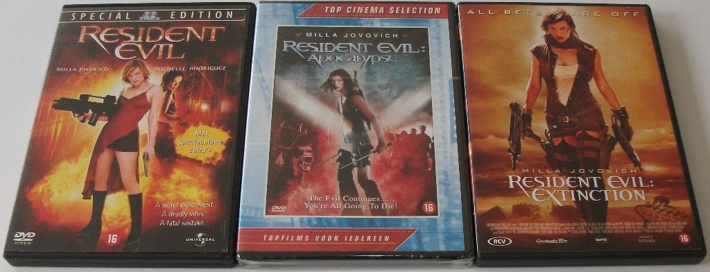 Dvd *** RESIDENT EVIL *** Deel 1 + 2 + 3, Cd's en Dvd's, Dvd's | Horror, Zo goed als nieuw, Vampiers of Zombies, Vanaf 16 jaar