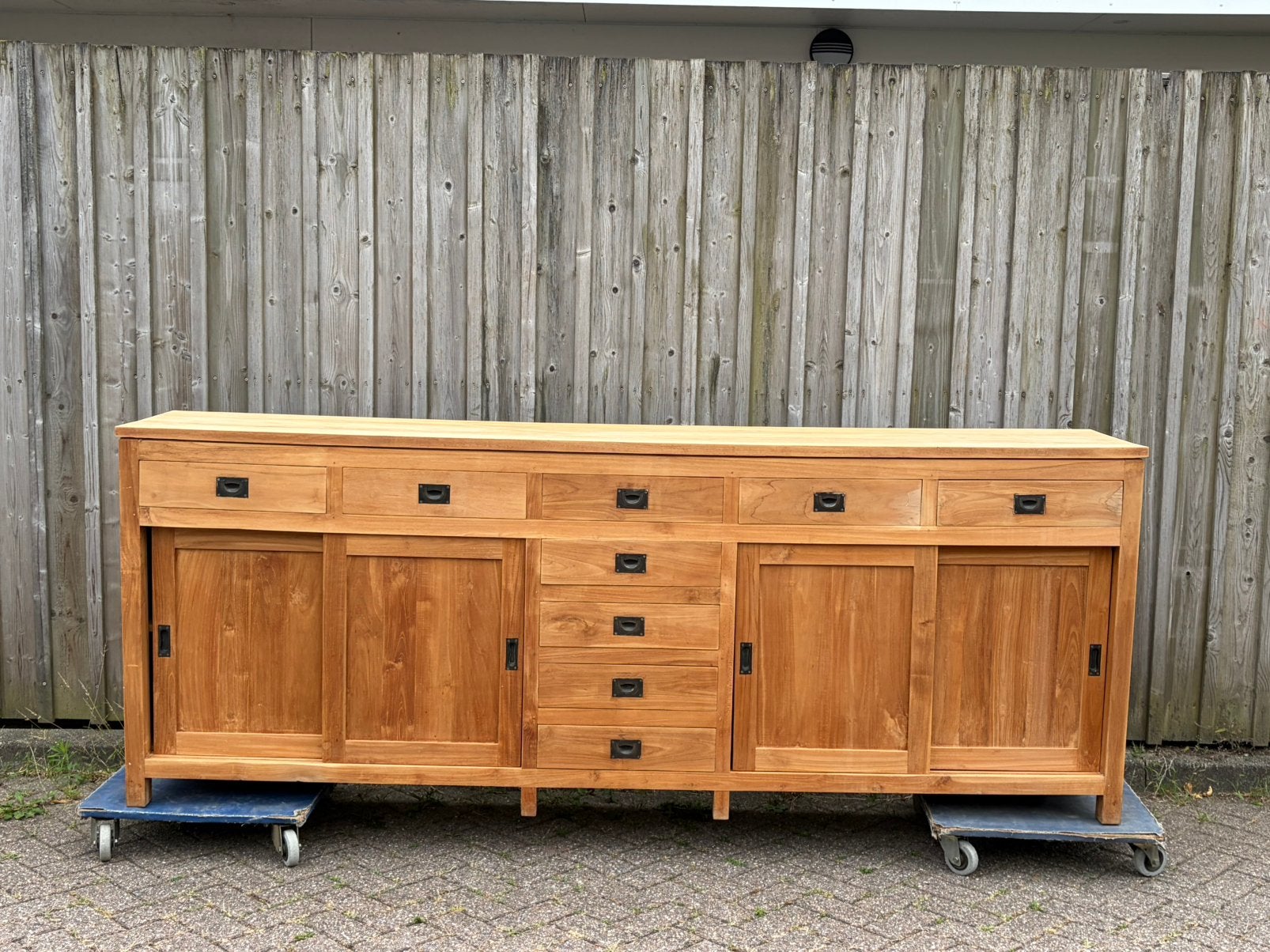 Dressoir teak met veel lades 260 m lang klaar voor kans, Gebruikt, Met deur(en), Teakhout, Ophalen of Verzenden
