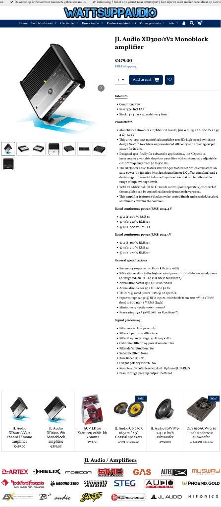 JL Audio XD300/1V2 Monoblok versterker SQ, Auto diversen, Hifi-Focus, Aalsmeerderweg 173 1432 CL, Aalsmeer, Nieuw, Ophalen of Verzenden