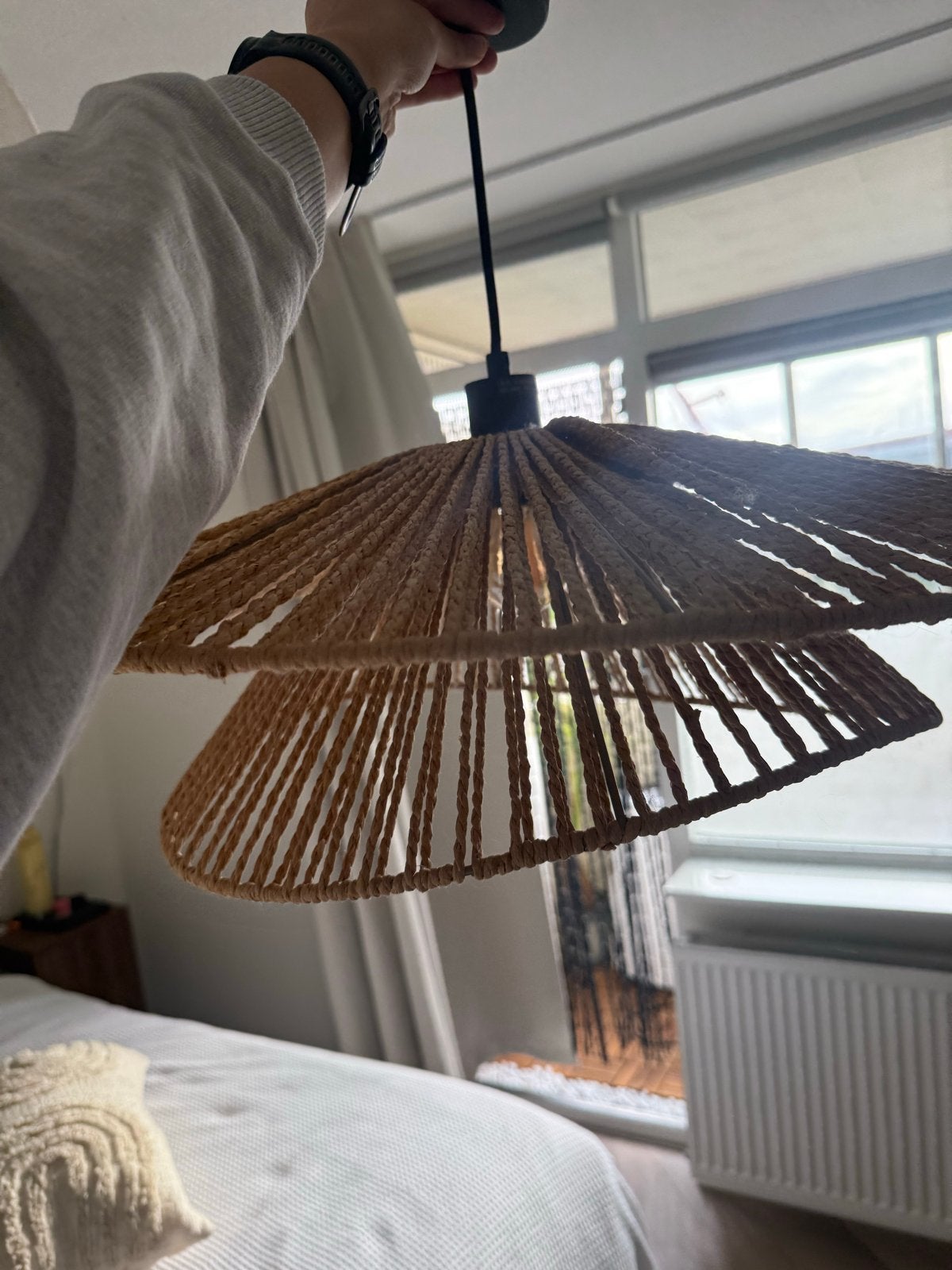 Rotan hanglamp - Boheemse stijl, Ophalen, Zo goed als nieuw, Natuurlijk materiaal, E27 (groot)