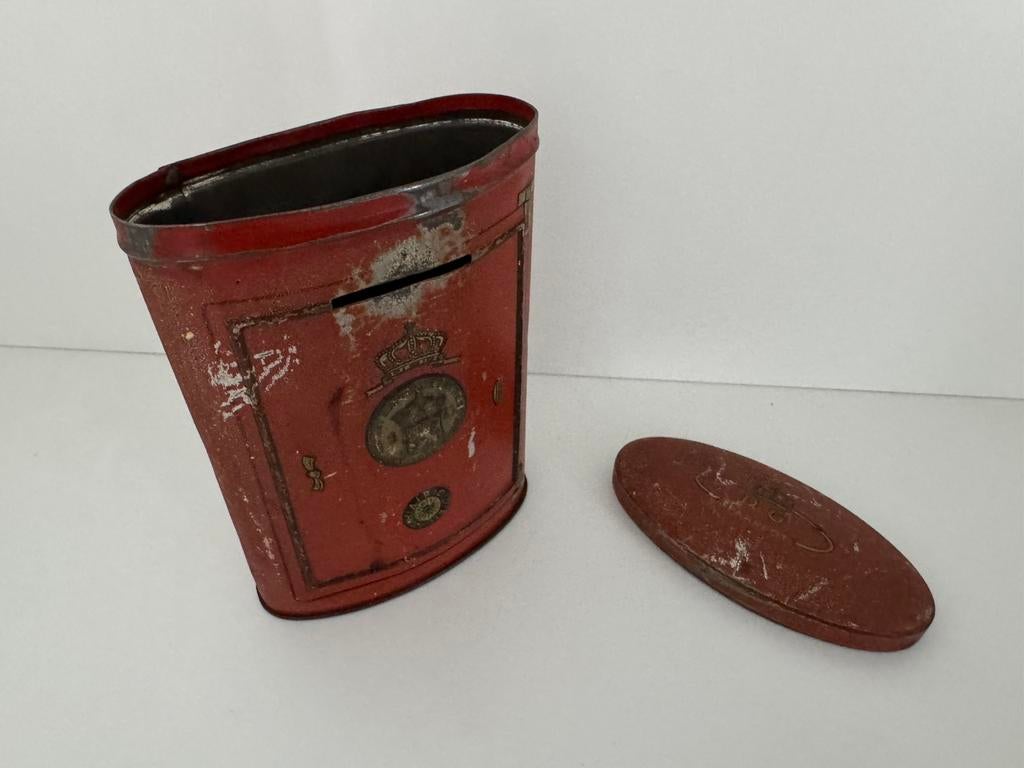 Spaarpot blikken kluis uit 1929 met gulden oranje de Gruyter, Verzamelen, Spaarpotten, Ophalen of Verzenden, Gebruikt, Metaal of Blik
