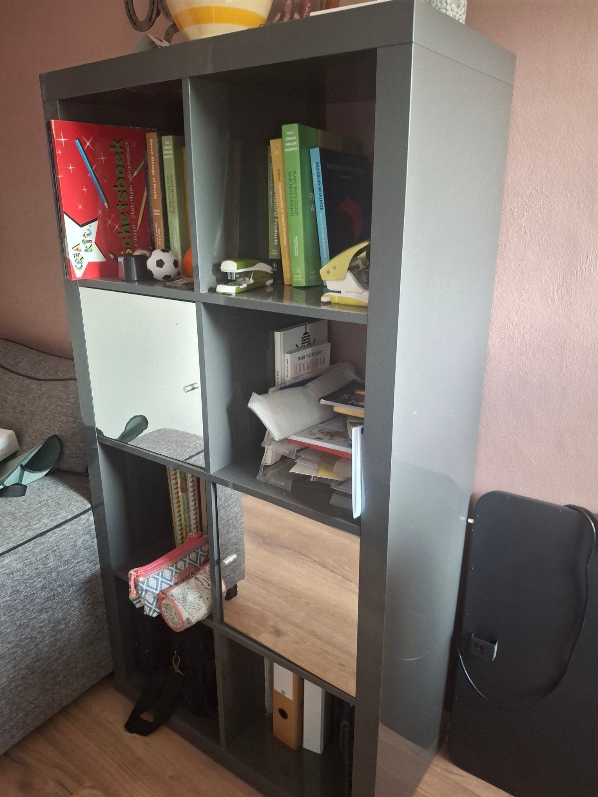 IKEA KALLAX vakkenkast 2x4 – Grijs met 2 spiegeldeurtjes, Ophalen