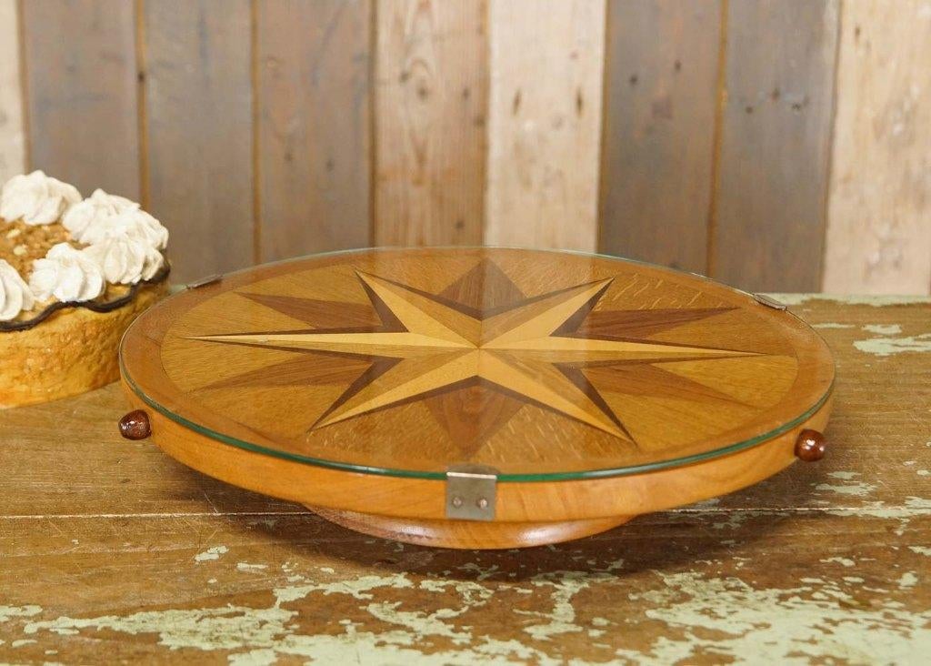 Draaibaar brocante houten taartplateau met ingelegde ster, Gebruikt, --, Ophalen of Verzenden, --