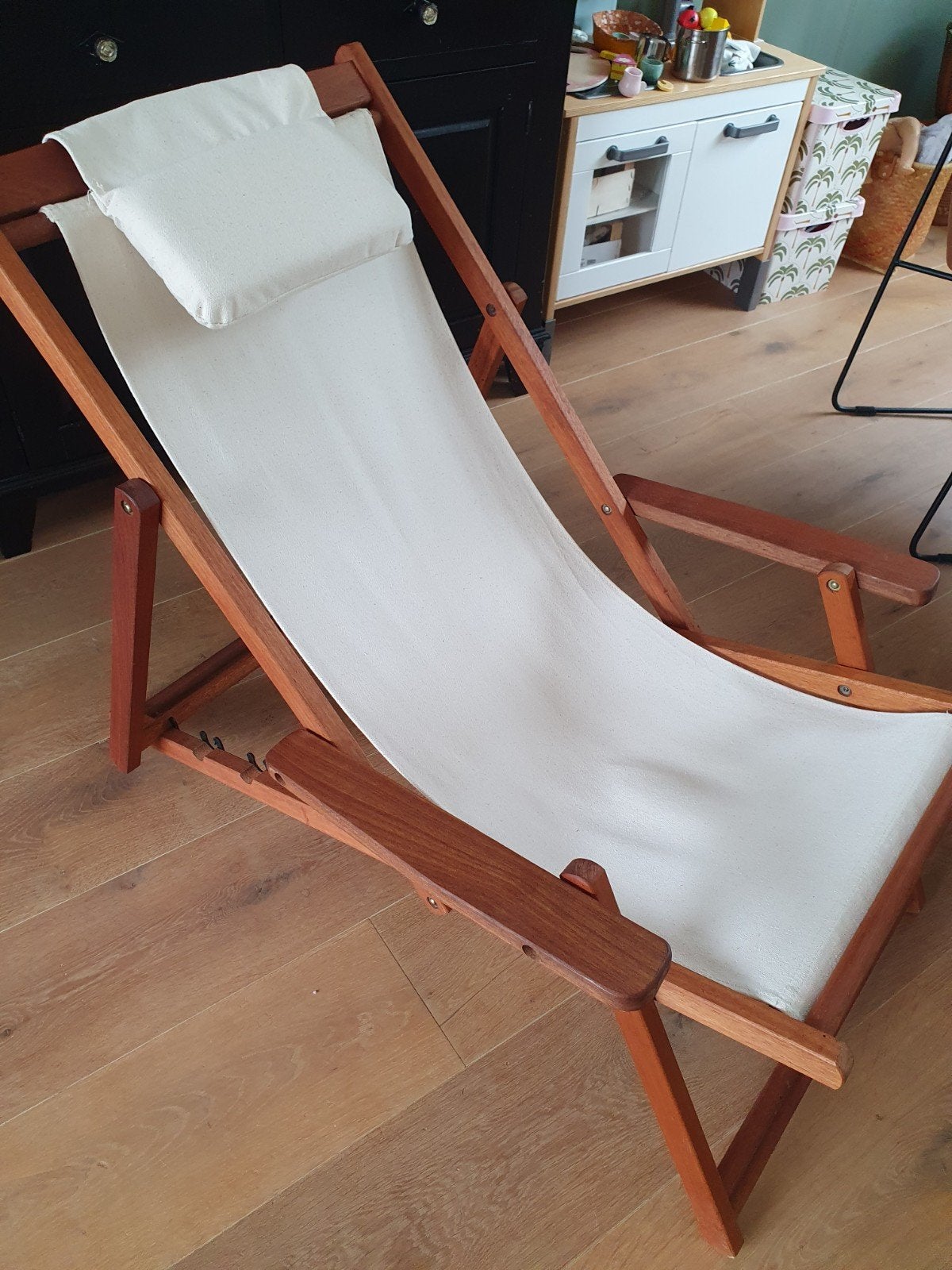 Verstelbare houten tuinstoel met linnen doek, Ophalen, Gebruikt, Hout, Verstelbaar