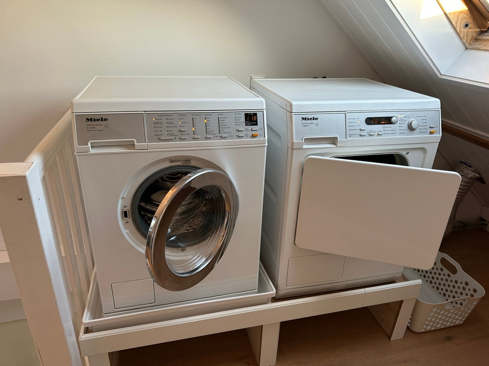 Miele W5445 wasmachine + T8843C wasdroger – zeer nette set, Ophalen, Zo goed als nieuw, Voorlader, 85 tot 90 cm