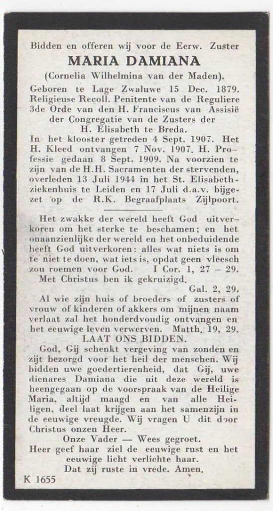 zr. Cornelia van der Maden 1879 Lage Zwaluwe + 1944 Leiden, Ophalen of Verzenden