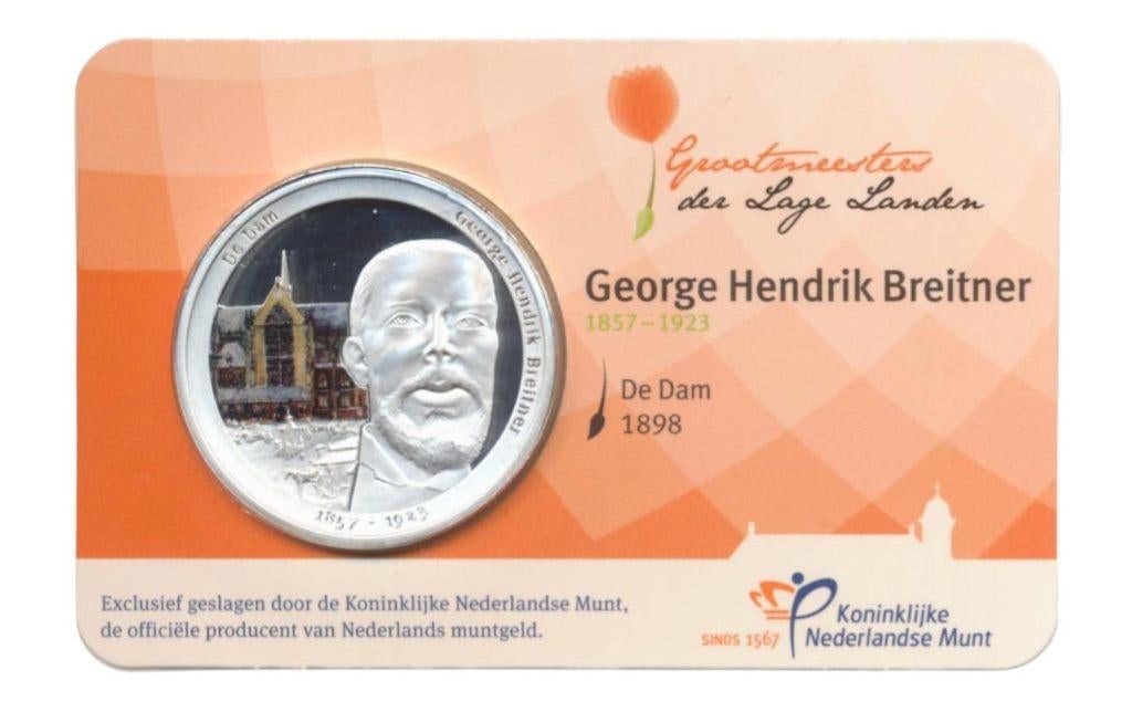 Nederland Hendrik Breitner-penning in kleur in coincard, Ophalen of Verzenden, Koningin Beatrix, Overige waardes, Losse munt