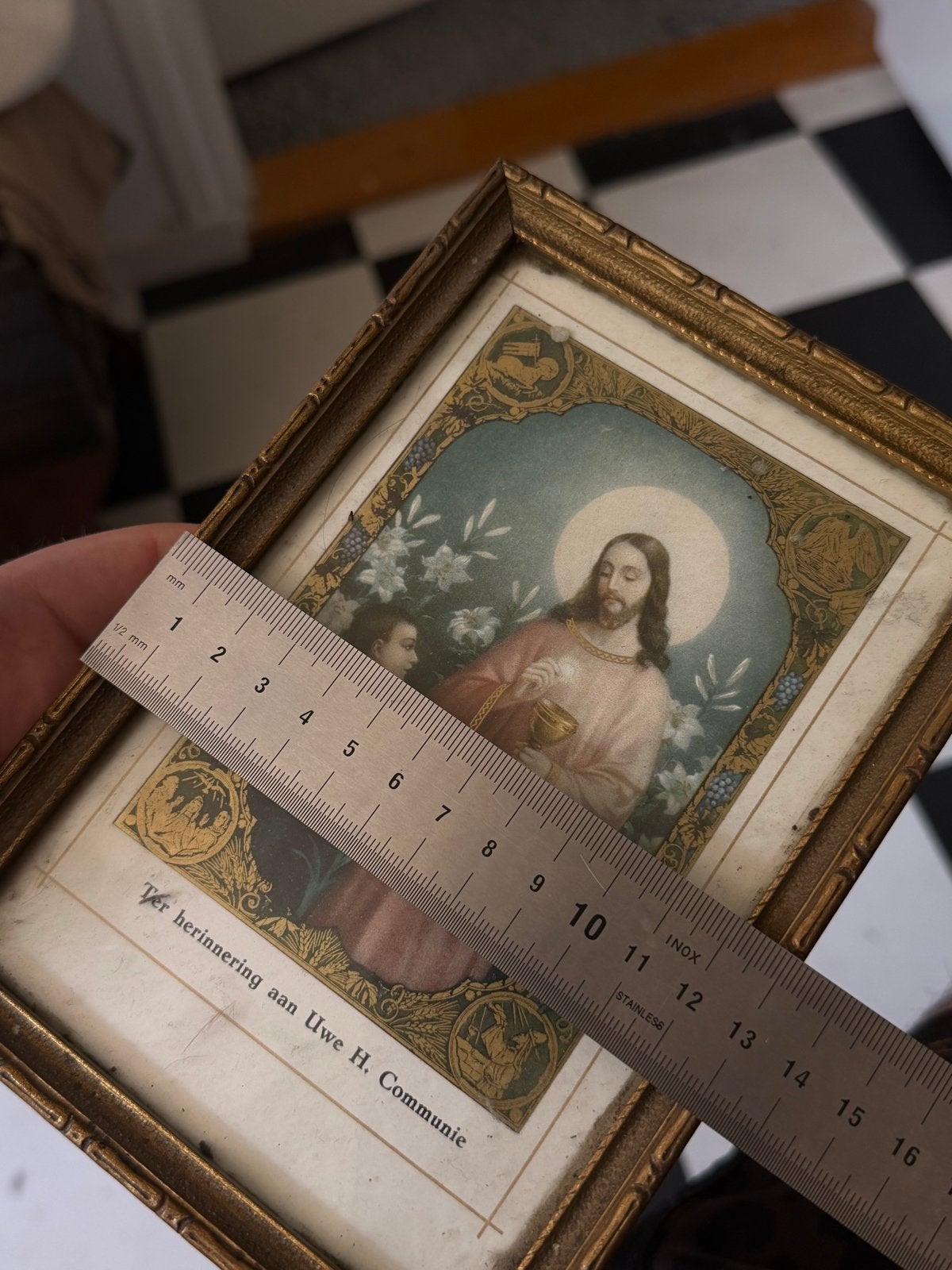 Antiek ingelijst religieus prentje - H. Communie, Antiek en Kunst, Antiek | Religie, Ophalen of Verzenden