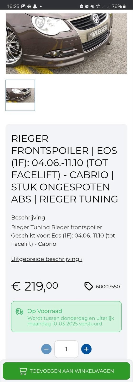 Spoiler set VW Eos: Rieger voorlip, achterklep spoiler, ProT, Auto diversen, Tuning en Styling, Ophalen