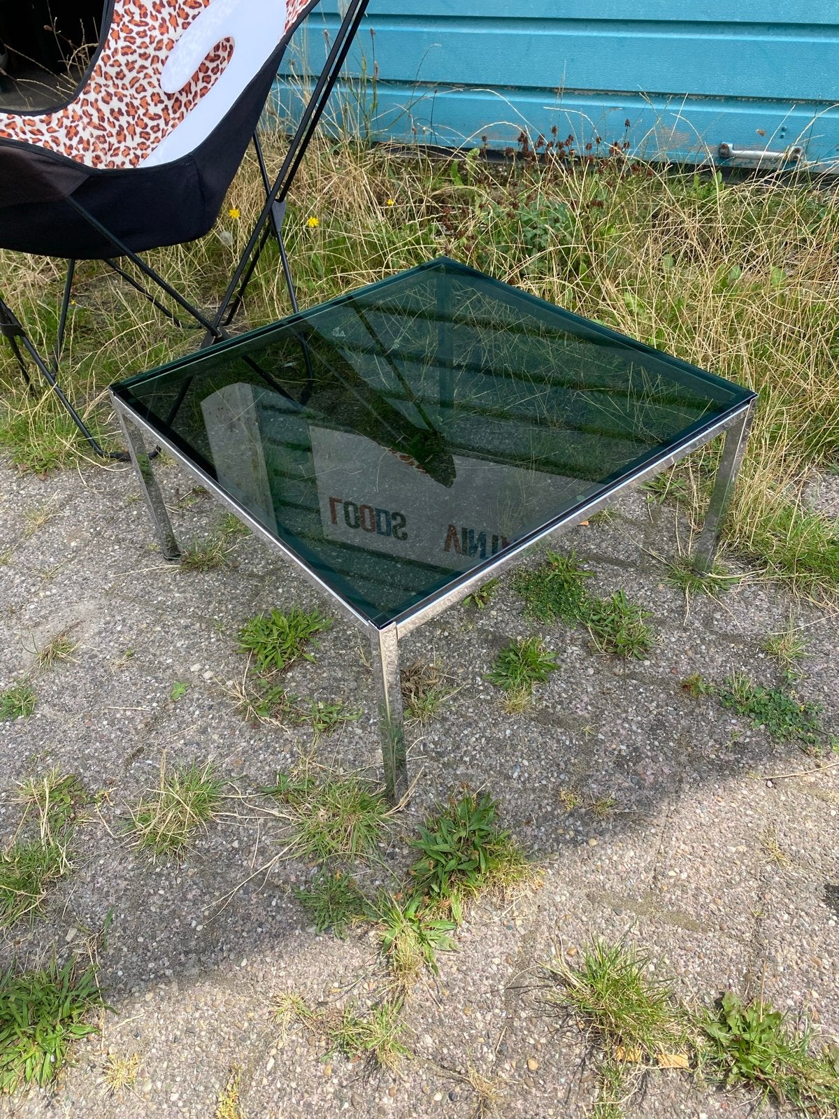 Vintage '70 design chromen salontafel met rookglazen blad, Huis en Inrichting, Tafels | Salontafels, Ophalen, Gebruikt, Vierkant