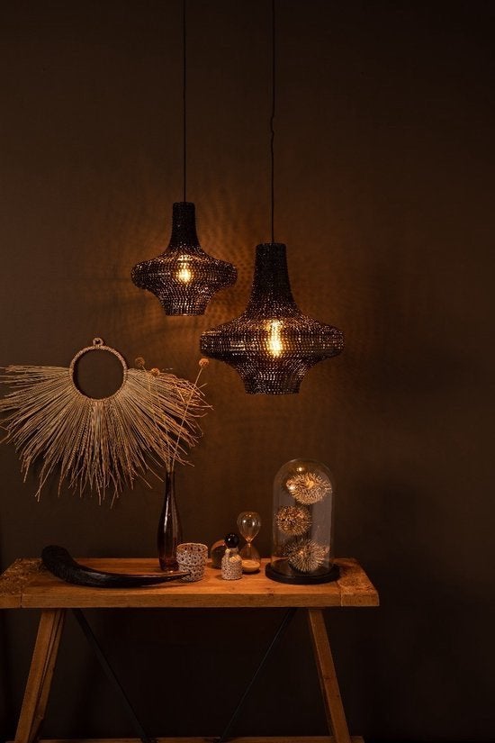 Dutchbone handgemaakte metalen hanglamp zwart, Ophalen of Verzenden, Zo goed als nieuw, Metaal, E27 (groot)