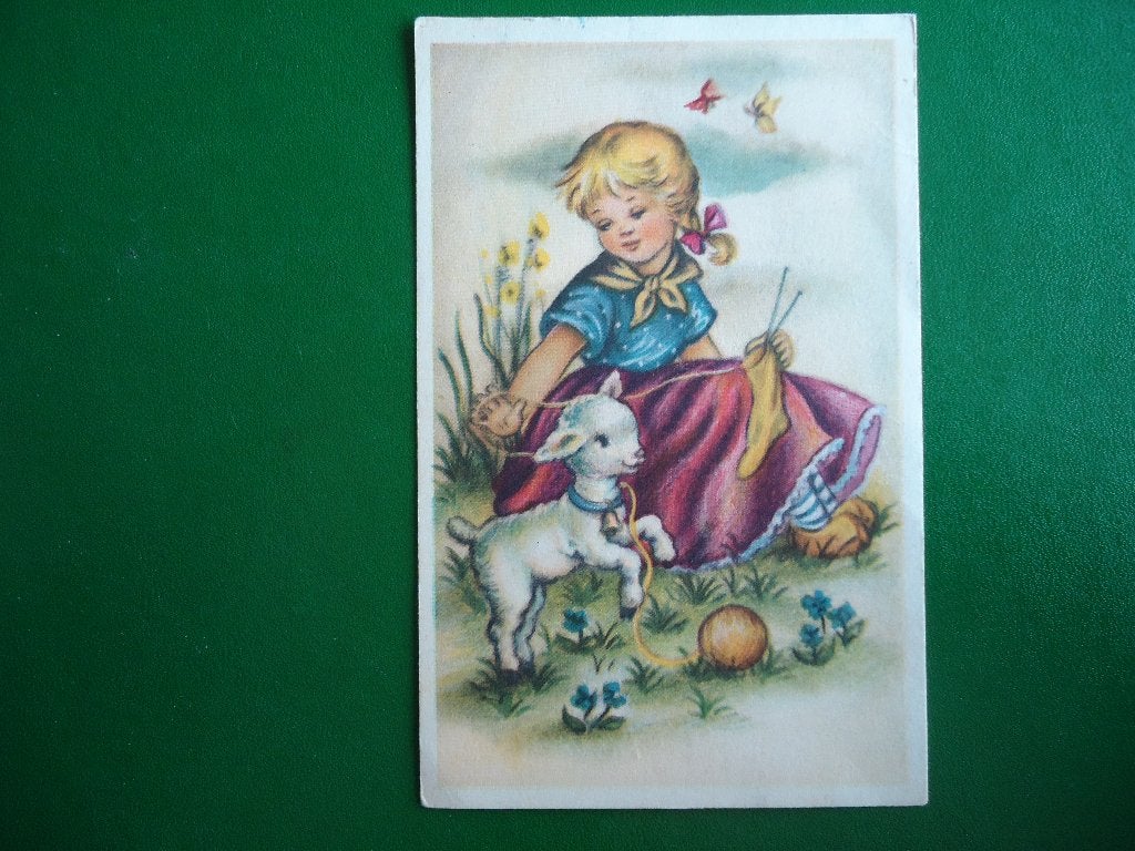 (1003) Kinderkaart: Meisje met lammetje / Klein formaat, Verzamelen, Verzenden, 1940 tot 1960, Gelopen, Kinderen