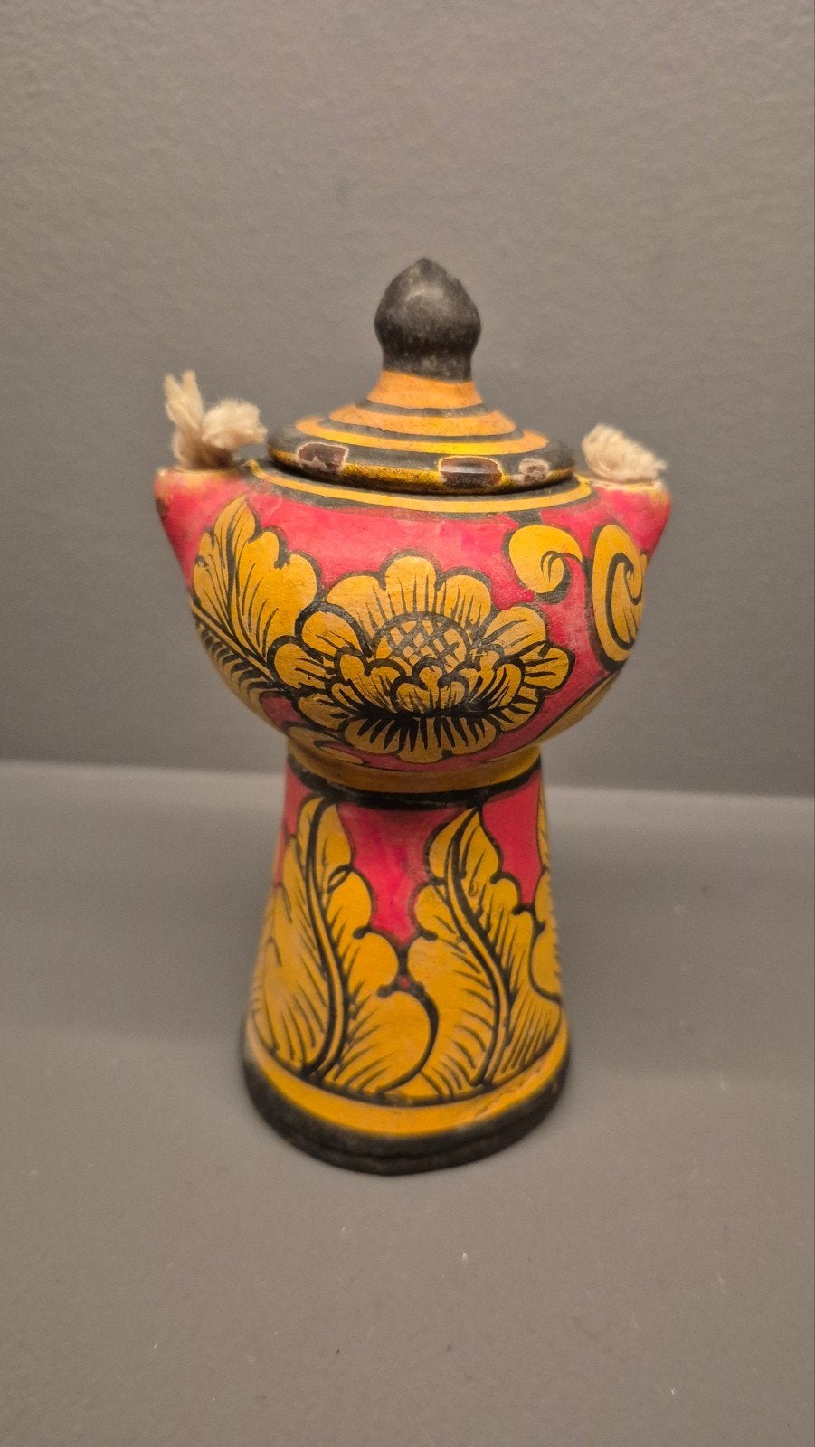 Oude Aardewerk Olielamp - Handgeschilderd, 14 cm, Ophalen of Verzenden
