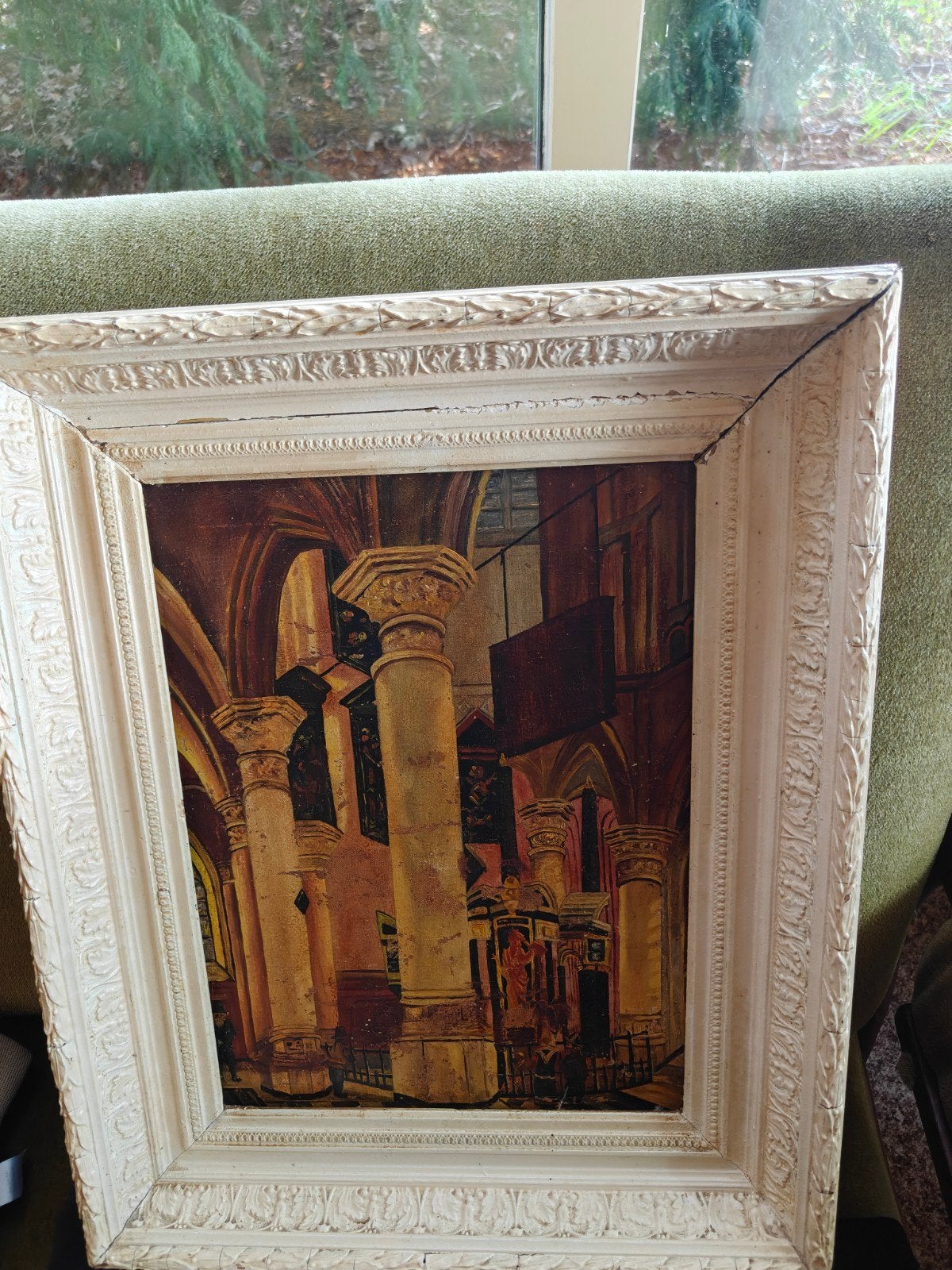 Olieverfschilderij interieur kerk met pilaren, Antiek en Kunst, Ophalen