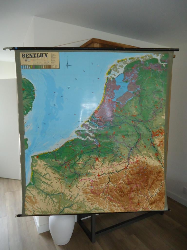 Grote reliëfkaart Benelux, Antiek en Kunst, Antiek | Schoolplaten, Ophalen of Verzenden, Aardrijkskunde