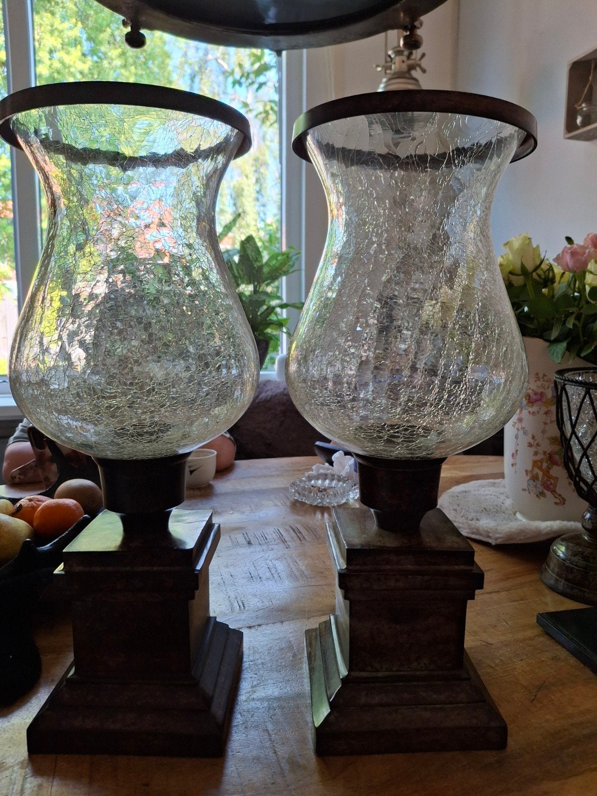 Twee zware windlichten met craquelé glas, Huis en Inrichting, Woonaccessoires | Kandelaars en Kaarsen, Windlicht, Meerkleurig