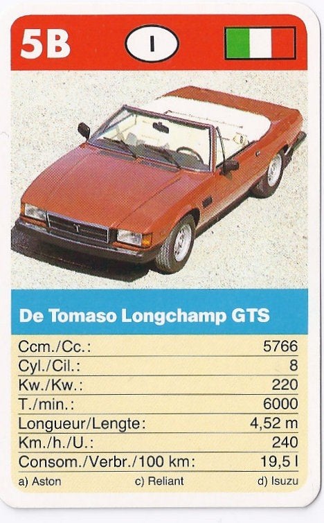 Kw2253 autokaartje 5b de tomaso longchamp gts, Ophalen of Verzenden, Zo goed als nieuw, Auto's