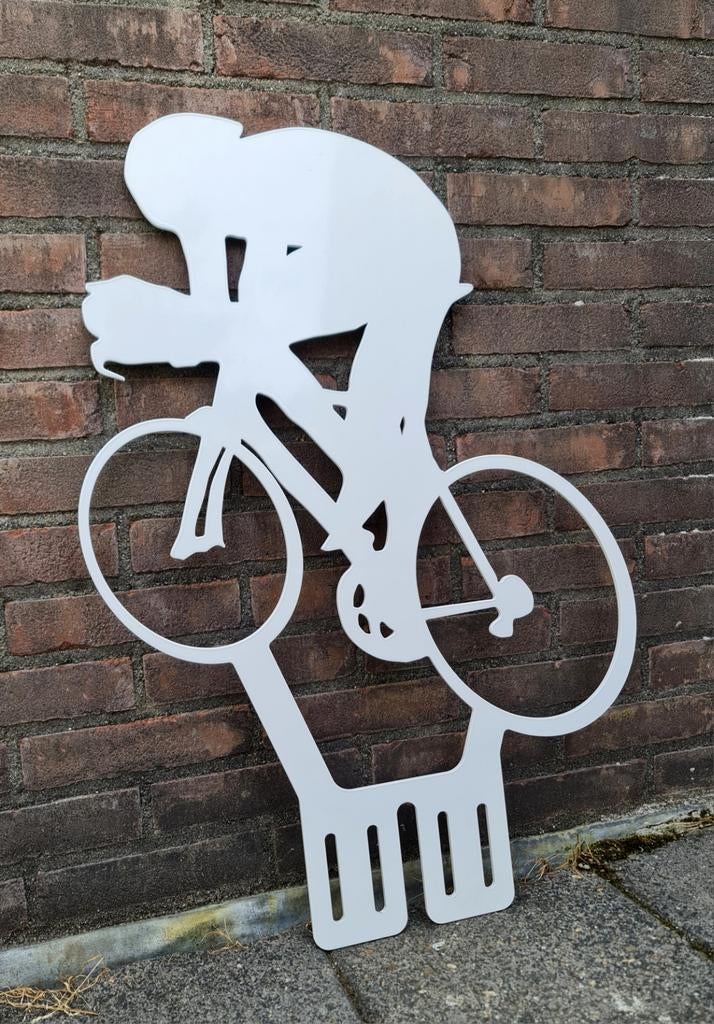 Wielrenner van staal uithangbord kan in grond mooi en uniek, Ophalen, Zo goed als nieuw